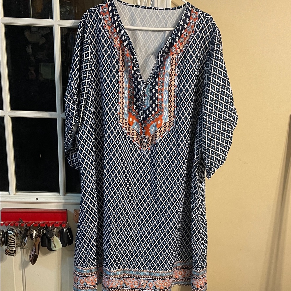 Geometric Patterned Blue and Orange Dress